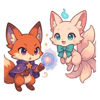chibi anime style fox duo, both magical, one casting a spell, the other floating, cute, colorful, detailed sticker