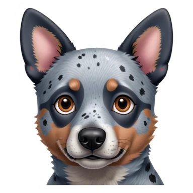 A cute, slightly 3D emoji-style digital illustration of a Blue Heeler (Australian Cattle Dog) from the neck up, with a focus on its face and upper neck. The dog has a black and gray speckled coat with short, dense fur. It has large, pointed ears that stand upright, with the inner part of the ears being a soft pinkish hue. The face is expressive, with warm brown eyes—one eye slightly lazy—giving it a friendly and curious look. The dog’s snout is medium-sized, with a black nose and subtle whisker markings. The expression is neutral but slightly inquisitive. The fur texture should be smooth and well-blended to maintain a polished emoji-style appearance. The illustration should have smooth shading, a rounded, polished look, and a slightly three-dimensional feel. No black spots on the fur. No background. sticker