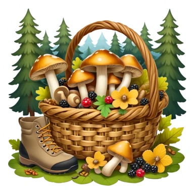 Icon for Mushroom and Berry Tourism: a basket filled with mushrooms chanterelles, boletus and aspen and berries, surrounded by forest elements like trees, leaves and a hiking boots. The icon should capture the joy of foraging in nature. Transparent background. sticker