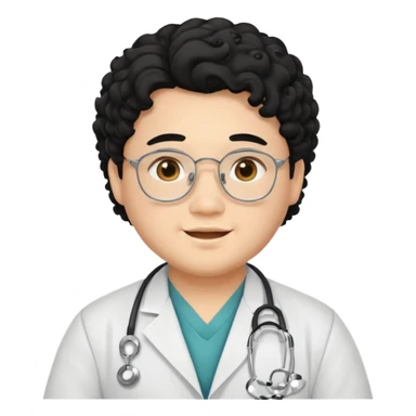 a young asian chubby male doctor with black long curly hair and cheerful face without gpasses sticker