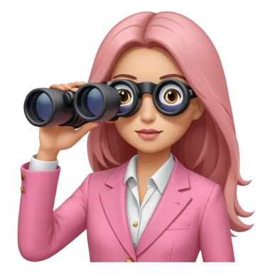 futuristic-looking woman with long hair in an intensive color pink suit looking through binocular, viewed from an angled perspective. Binoculars must be two-eyed sticker