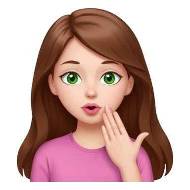 White girl wearing a cute pink shirt with long brown hair and green eyes sending a kiss sticker