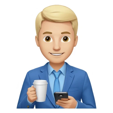 Confident and outgoing male entrepreneur, Caucasian features, blonde hair, big friendly smile, expressive eyes, defined eyebrows, wearing a blue blazer over a light blue shirt, holding a smartphone in one hand and a coffee cup in the other, waist-up, front-facing sticker