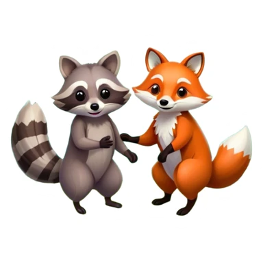 raccoon and a fox in a colorful forest with vibrant green trees, bushes and flowers. The animals are in the foreground, surrounded by a lush, bright forest, with soft sunlight filtering through the leaves. A playful and wild scene with a transparent background. sticker