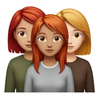 Can you create an image of 3 friends together one with red bright hair light skin one the other with brown hair with some blonde highlights in the hair fair skin the last one with light brown a tint of orange hair and dark brown hair sticker