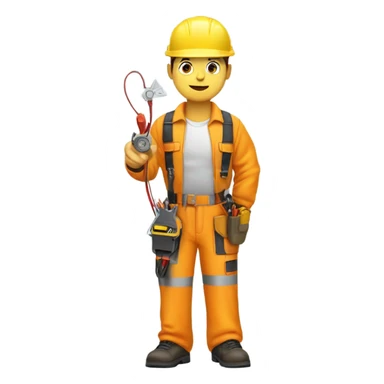 electrician n a hard hat and jumpsuit, holding a coiled wire and a voltage tester, with a utility belt sticker