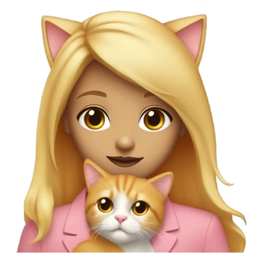 Blonde girl with brown eyes cuddling her fluffy orange tuxedo cat with gold eyes and pink nose sticker