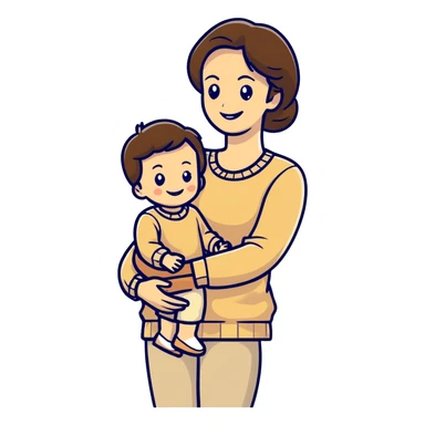 A happy mother with a child in beige clothes sticker