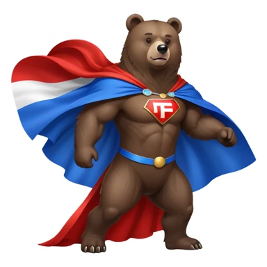 Medium-dark brown bear on four legs with Russian flag as a flowing cape, white, blue and red cloth draped over its back like a superhero cape sticker