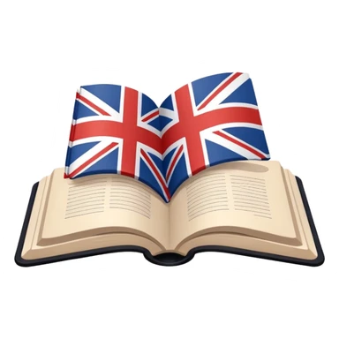 Minimalistic flat vector icon, iOS style, thin black contour on white background. Open book with a small UK/USA flag symbol. No text, no shadows. sticker