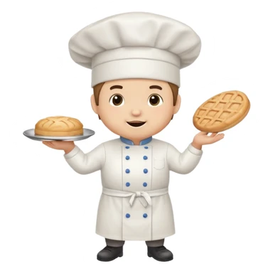 quiero un oso de pie con un delantal de pastelería y un gorrito de chef que una mano tenga una manga pastelera y este feliz divertido sticker