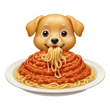 A cheerful cartoon dog happily eating a plate of spaghetti, with a few noodles hanging from its mouth, big sparkly eyes, and a wagging tail. The background is simple and minimalistic, focusing on the dog and the pasta. sticker