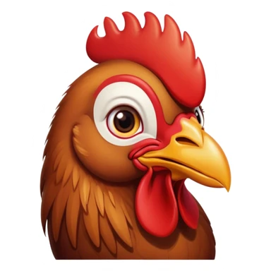 Cinematic Cute Brown Rooster Portrait Emoji, Head tilted playfully and inquisitively, featuring a glossy, immaculate brown plumage with a vibrant red comb, round, sparkling warm eyes filled with curiosity, Simplified yet irresistibly adorable features, highly detailed, glowing with a warm, friendly glow, high shine, affectionate and spirited, stylized with a touch of farmyard whimsy, bright and endearing, soft glowing outline, capturing the essence of a mischievous yet loving rooster, so playful it feels like it could strut out of the screen and into your arms! sticker