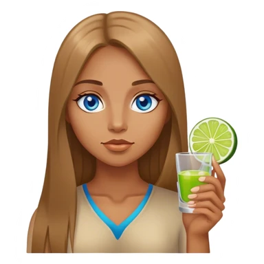 tan woman, long light brown straight hair, blue eyes, holding a shot with lime sticker