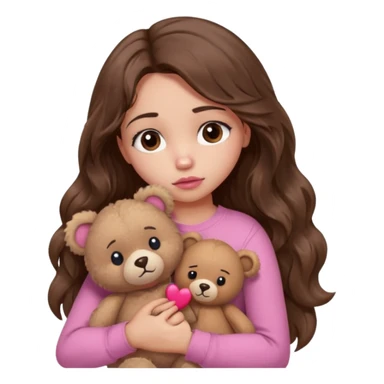 girl with long wavy brown hair, brown eyes, light to medium complexion, in a pink shirt, pink lips, long lashes, sad, hugging a teddy bear with a broken heart sticker