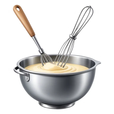 Cinematic Realistic Whisk & Mixing Bowl, a well-used metal whisk resting in a smooth ceramic mixing bowl, light reflecting off the whisk’s polished surface, subtle smears of batter along the rim, glowing with a sense of warmth and creativity. sticker