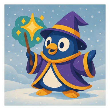 Add a snowy background behind the cartoon penguin wizard casting a spell, keeping the sparkles and magical aura visible and vibrant. sticker