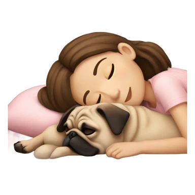 sleeping girl brown hair laying next to a pug sticker