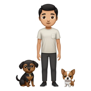 Mexican man with black hair and brown eyes wearing a shirt and black pants, holding a small white dog with one brown ear sticker