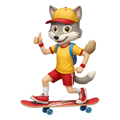 A gray wolf with large, expressive eyes and a friendly smile. The gray wolf is wearing a bright yellow T-shirt, red shorts, white knee socks, and sneakers. The baseball cap is worn backwards. The wolf holds a skateboard in one hand and gives a thumbs-up with the other, a confident and cheerful pose. sticker