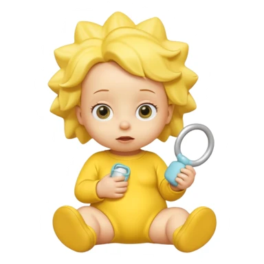 A 3D cartoon baby character entirely yellow, yellow skin, styled like Maggie Simpson, with pacifier, yellow onesie, big eyes, smooth shading, Memoji-style rendering, consistent with other yellow Simpsons characters. sticker