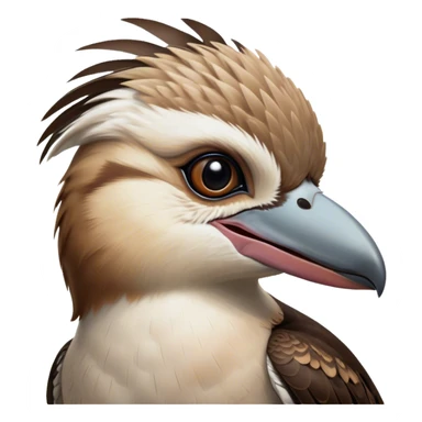Cinematic Noble Kookaburra Portrait Emoji, Poised and regal, with a stout, robust build and a striking plumage of earthy browns and creams, a strong beak and deep-set soulful eyes, Simplified yet sharp and sophisticated features, highly detailed, glowing with a soft, dignified glow, high shine, intelligent and exuberant, stylized with an air of native woodland majesty, focused and attentive, soft glowing outline, capturing the essence of a watchful and confident bird, so majestic it feels as though it could laugh out of the screen with effortless authority! sticker