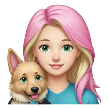 White European young woman with blue-green eyes and long blond hair with 1 pink streak in her hair with her white German Shepherd dog with pink nose and short fur sticker