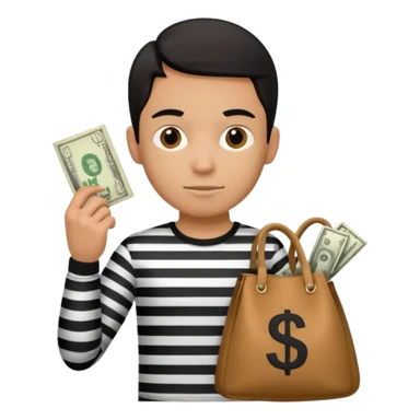 emoji style thief in black and white striped shirt, clutching a bag with a dollar sign sticker