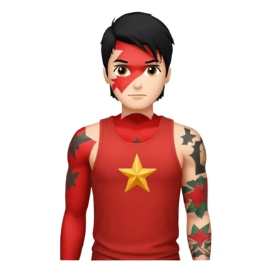 Guy with red tank top and starwhat with black hair sticker