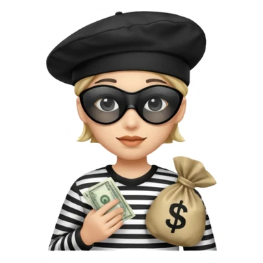 Emoji Ladron Un Antifaz En Los Ojos Con Un Gorro Negro,Ropa De Rayas Blancas Y Negras Y Una Bolsa De Dinero Con El Símbolo sticker