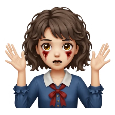 Cabelo ondulado  um pouco cheio e franja curta  Olhos marrons e pequenos e feita d ezumbi mais bonita com cabelo amarro na e com as mãos assim tipo assim🧟‍♀️ sticker