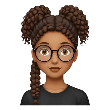chica morena de ojos claros con gafas negras exagonales redondeadas. y pelo rizado castaño con todo el pelo recogido en una coleta .. Con todo el pelo recogido un clen look solamente una coleta tiene 16 años. hazlo como la segunda imagen pero sin el moño sticker