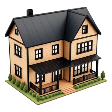 brown wooden modern farmhouse with black trim exterior, isometric dollhouse-style, highly detailed  sticker