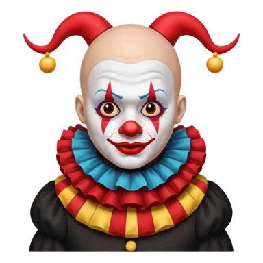 Crea un payaso con toda la cara blanca sin pelo con cuernos de color negro, que su cuerpo tenga un traje de payaso negro con rojo sticker