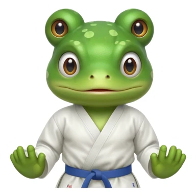 cute frog doing karate portrait, head and shoulders only, wearing white gi uniform, green belt visible, funny serious face, 3D cartoon, mobile game icon style, clean background, no text, no watermark
 sticker