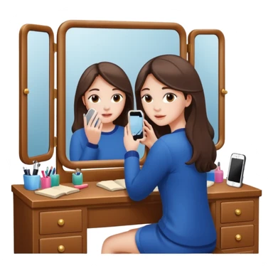 Girl sitting at vanity taking out picture with iphone 15 plus in the mirror and study materials on the vanity sticker