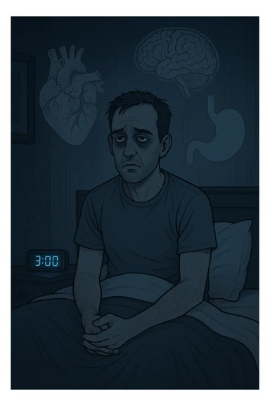 a man sits awake in bed in the middle of the night, dark circles under his eyes and a tired, anxious expression. The room is dimly lit by the blue glow of a phone or digital clock showing 3:00 AM. Around him, faint ghostly overlays of anatomical drawings highlight affected organs—heart, brain, and stomach—symbolizing the physical harm caused by disrupted sleep. sticker