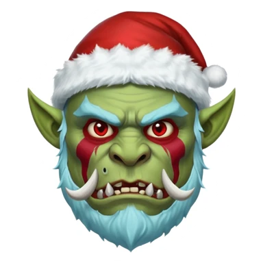 Fantasy orc portrait emoji, Santa Claus hat adapted for orc head with tusks, icy blue and deep red frost war paint on face, brutal winter warrior mood, strong facial features, minimal tribal design, clean high readability emoji style, male/female variant
 sticker