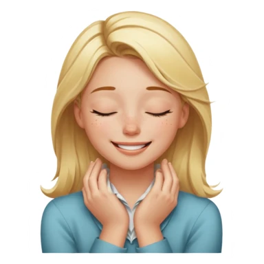 Happy blonde girl with eyes closed and mouth smiling and hands cupped around her neck sticker