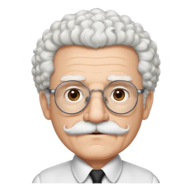 An elderly man emoji with light skin, fluffy curly white hair, thick white eyebrows, brown eyes behind black-framed glasses, a small nose, and neatly groomed white facial hair — a mustache and a short goatee. sticker