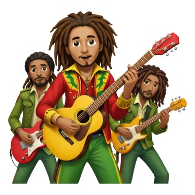 Icon for Reggae Music: Bob Marley with his guitar, surrounded by his band, The Wailers. The design should capture the laid-back, rhythmic vibe of reggae, with iconic dreadlocks and vibrant colors (red, yellow, green). Transparent background. sticker
