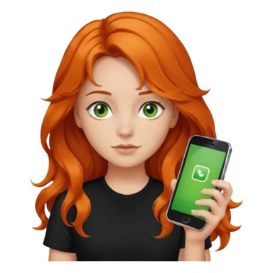 Girl with dark long orange wavy hair, green eyes, and black t-shirt and phone with app on hand sticker