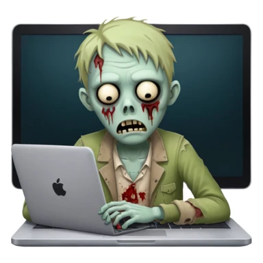 A tired sad zombie behind a laptop sticker