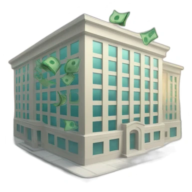 a business building with money flying around sticker
