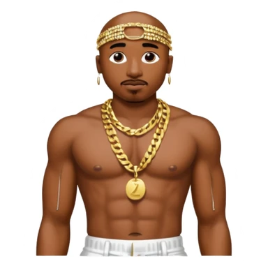 Tupac with white sequin baggy pants, shirtless with necklace sticker