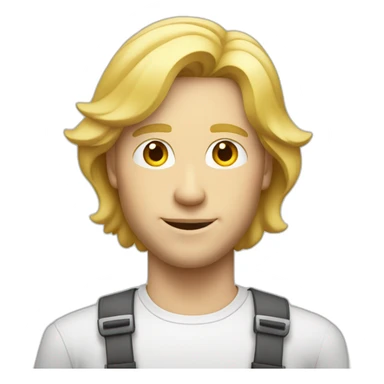 Blond man architect, with mid long blond hair, posing next to a house sticker