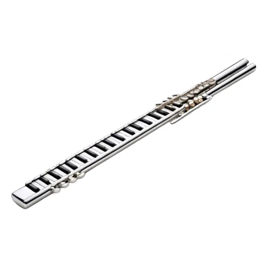 Cinematic Realistic Flute, polished silver metal with precise keywork, soft reflections of warm light dancing along its length, a musician’s delicate fingers pressing the keys, glowing with a sleek and elegant charm. sticker