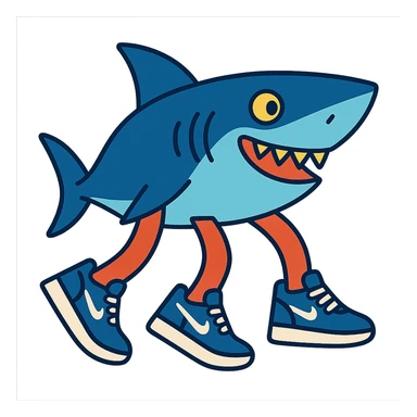 a fun and playful shark with three legs, each wearing blue Nike tennis shoes sticker