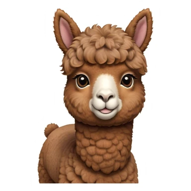 Cinematic Cute Brown Alpaca Portrait Emoji, Head tilted playfully and inquisitively, featuring a plush, rich brown fleece with a natural sheen, round, sparkling warm eyes filled with curiosity, Simplified yet irresistibly adorable features, highly detailed, glowing with a warm, friendly glow, high shine, affectionate and gentle, stylized with a touch of whimsy, bright and endearing, soft glowing outline, capturing the essence of a mischievous yet loving alpaca, so playful it feels like it could prance out of the screen and into your arms! sticker