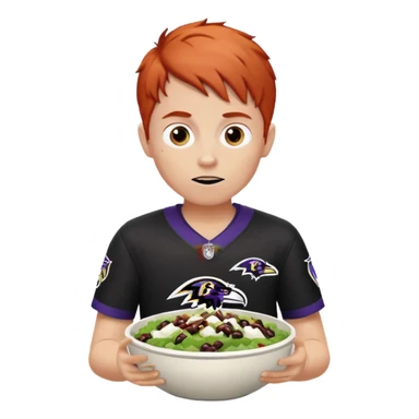 a red-haired boy wearing a ravens jersey and eating a chipotle burrito bowl sticker